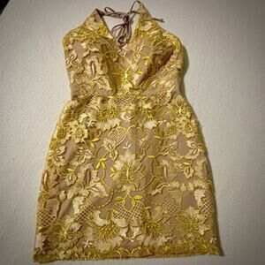 GB Gianni Bini Juniors Yellow & Nude Embroidered Floral Formal Mini Dress Size 9